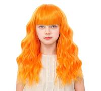 BUPPLER Parrucca per bambini, arancione brillante con frangia, 14 pollici, per Halloween, cosplay, capelli sintetici ondulati con spiaggia aggiornata, parrucca lunga con spalle per feste in costume