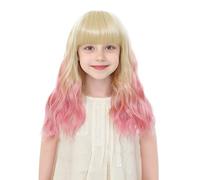 BUPPLER Parrucca per bambini bionda Ombre rosa con frangia, 14 pollici, per Halloween, cosplay, capelli sintetici ondulati con spiaggia aggiornata, parrucca lunga alle spalle per feste in costume (14