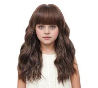 BUPPLER Parrucca per bambini marrone chiaro con frangia da 14 pollici, per Halloween, cosplay, capelli sintetici ondulati con spiaggia aggiornata, parrucca lunga con spalle per feste in costume (14