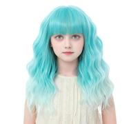 BUPPLER Parrucca per bambini Ombre verde con frangia da 14 pollici, per Halloween, cosplay, capelli sintetici ondulati con spiaggia aggiornata, parrucca lunga con spalle per feste in costume (14