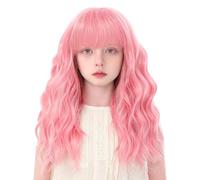 BUPPLER Parrucca per bambini rosa con frangia da 14 pollici, per Halloween, cosplay, capelli sintetici ondulati con spiaggia aggiornata, parrucca lunga con spalle per feste in costume (14 pollici