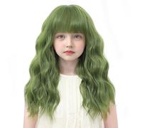 BUPPLER Parrucca per bambini, verde oliva con frangia, 14 pollici, per Halloween, cosplay, capelli sintetici ondulati con spiaggia aggiornata, per feste in costume (14 pollici, verde oliva)