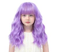 BUPPLER Parrucca per bambini, viola con frangia, 14 pollici, per Halloween, cosplay, capelli sintetici ondulati con spiaggia aggiornata, parrucca lunga con spalle per feste in costume (14 pollici