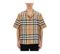 Burberry - Camicia a maniche corte con colletto camp e stampa check - - Shirts - Uomo - Beige - S