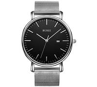 BUREI Orologio classico da uomo ultra sottile e minimalista, quadrante analogico, con data, movimento al quarzo giapponese, Cintura in rete nera argento, braccialetto