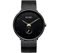 BUREI Orologio da uomo minimalista ultra sottile nero grande quadrante oro lancette analogico orologio da polso al quarzo unisex con cinturino a maglie in acciaio inossidabile nero