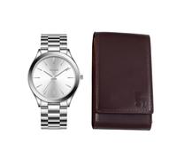 BUREI Set di orologi da uomo e custodia da viaggio in pelle, alla moda, in acciaio inox, analogico, al quarzo, con custodia impermeabile e portatile, set regalo, Marrone argento, Alla moda, classico