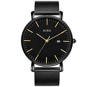 BUREI Uomo Orologio da Polso al Quarzo Classico con Cassa Ultra Sottile Design Minimalista Quadrante Analogico Data Finestra (Arancione Nero, Acciaio inossidabile)