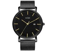 BUREI Uomo Orologio da Polso al Quarzo Classico con Cassa Ultra Sottile Design Minimalista Quadrante Analogico Data Finestra (Nero Arancione, Acciaio inossidabile)