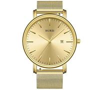 BUREI Uomo Orologio da Polso al Quarzo Classico con Cassa Ultra Sottile Design Minimalista Quadrante Analogico Data Finestra (oro, Acciaio inossidabile)