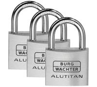 BURG-WÄCHTER Trio 770 40 SB - Set di 3 lucchetti con 4 chiave, Spessore arco 6,5 mm, Serratura in alluminio massiccio, Interno antiruggine, temprato, Alluminio titanio