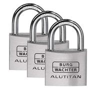 BURG-WÄCHTER Trio 770 40 SB - Set di 3 lucchetti con 4 chiave, Spessore arco 6,5 mm, Serratura in alluminio massiccio, Interno antiruggine, temprato, Alluminio titanio