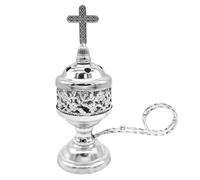 Burner di incenso a carbone Placted Iron Incenso Burner cattolico con manico e incrociato per la chiesa domestica, argento