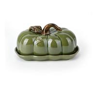 Burriera a forma di zucca con coperchio in ceramica, ideale per dessert, formaggio, burro, piatto in ceramica a forma di zucca bianca, per Halloween, Ringraziamento, festa della zucca, autunno (verde)