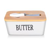 Burriera in ceramica bianca con coperchio e coltello, vassoio porta burro coperto, contenitore per burro per frigorifero e piano di lavoro della cucina