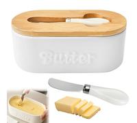 Burriera In Ceramica, Burriera In Porcellana, Burriera Con Coperchio In Legno, 500 ML Contenitore Per Burro Con Coltello Da Burro, Portaburro, Porta Burro Per Conservare Il Burro (19x9,4x9 cm)