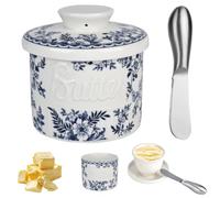 Burriera in ceramica con coltello da burro, porta burro francese con coperchio, burriera con linea d'acqua per conservare burro fresco, morbido, pronto all'uso (porcellana blu-bianca)