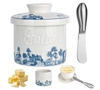 Burriera in ceramica con coltello da burro, porta burro francese con coperchio, raffreddata ad acqua, con linea di galleggiamento per conservare fresche, morbide, pronte da mangiare (rilievo retrò)
