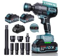 BursDany Chiave a urto senza fili 1200Nm, Avvitatore elettrico senza fili, Trapano a impatto 1/2" con 2 x 4,0 Ah Batteria, 6 velocità 2600 giri/min, LED, Kit con 6 punte