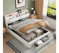 BursDany Letto baule 140 x 200 cm con LED e USB, letto matrimoniale imbottito con cassetti, spazio portaoggetti e rete a doghe per adulti e adolescenti, senza materasso, velluto beige