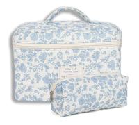 Burskit Borsa di trucco, borsa trapuntata di trucco, grande borsa di trucco di viaggio del cotone, borsa cosmetica floreale, Fiore blu.