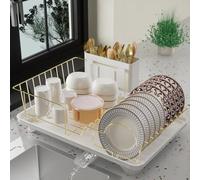 Buruis Scolapiatti dorato, organizer per scolapiatti con scolapiatti rimovibile e portautensili, grande capacità, in metallo, per cucina (bianco)