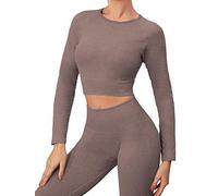 Buscando Set da Palestra da Donna 2 Pezzi Maniche Lunghe Allenamento Top Corto Canotta Costine Vita Alta Leggings Senza Cuciture Tute Abbigliamento Sportivo Yoga Completi, S