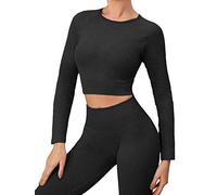 Buscando Set da Palestra da Donna 2 Pezzi Maniche Lunghe Allenamento Top Corto Canotta Costine Vita Alta Leggings Senza Cuciture Tute Abbigliamento Sportivo Activewear Yoga Outftis, Nero , S