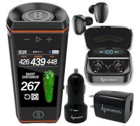 Bushnell Wingman - Altoparlante da golf HD View, touchscreen da 3,5", distanze GPS, audio premium a 360°, design impermeabile, supporto magnetico da carrello con auricolari Wearable4U neri e