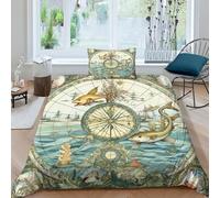 Bussole nautiche Set Copripiumino Con Stampa 3D Stampa Set Di Biancheria Da Letto Con Copriletto in Microfibra Pesce marino Copripiumino Soft Chic 2 Pezzi Per Adulti E Ragazzi Single（135x200cm）