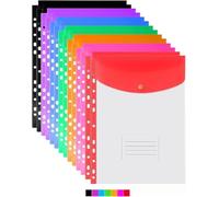 Buste in plastica A4, forate, 11 fori, raccoglitore espandibile, raccoglitore per documenti a 2/3/4 anelli, con bottone e etichetta, fogli sciolti, trasparente, ufficio, scuola, casa (14 pezzi top