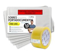 Buste Portadocumenti Adesive 240x140mm, Packing List, Buste Trasparenti per Spedizioni, Fatture, Bolle di Consegna e Documenti, Impermeabili con Forte Adesione - m-office (50 pezzi + Nastro)