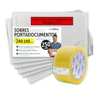 Buste Portadocumenti Adesive 240x140mm, Packing List, Buste Trasparenti per Spedizioni, Fatture, Bolle di Consegna e Documenti, Impermeabili con Forte Adesione - m-office (250 pezzi + Nastro)