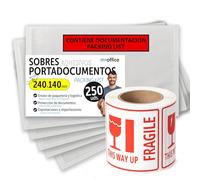 Buste Portadocumenti Adesive 240x140mm, Packing List, Buste Trasparenti per Spedizioni, Fatture, Bolle di Consegna e Documenti, Impermeabili con Forte Adesione - m-office (250 pezzi + Rotolo Fragile)