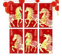 Buste rosse per denaro, 2026, felice anno cinese, 6 pezzi, buste per denaro per l'anno del cavallo dopo il calendario lunare, per feste di compleanno, feste, bambini, adulti, adolescenti, amici