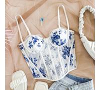 Bustier da donna con stampa blu e bianca e bordo in pizzo, canotta con stecche per dare forma, adatto per feste, San Valentino, appuntamenti, tè pomeridiano, spiaggia, crociere, carnevale, primavera e