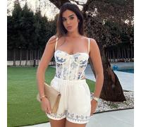 Bustier da donna con stampa blu e bianca e bordo in pizzo, canotta con stecche per dare forma, adatto per feste, San Valentino, appuntamenti, tè pomeridiano, spiaggia, crociere, carnevale, primavera e