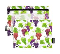 Bustina a 3 anelli con cerniera, con motivo a grappoli di uva, con tasche trasparenti, per bambini, 24,9 x 18 cm, confezione da 2