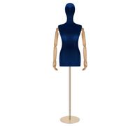 Busto donna sartoriale velluto blu con testa, braccia legno e base oro tonda