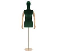Busto donna sartoriale velluto verde con testa, braccia legno e base oro tonda