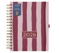Busy B 2026 A5 Spiral Diary - Weekly Planner Journal - Desk Diary for Work or Home - Monthly Planning for Prioties and Goals with Tabs, Stickers, Pocket & Elastic Closure - Stripe Print