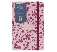 Busy B Libro per indirizzi e compleanni, copertina con stampa spray bordeaux con linguette alfabetiche, adesivi per cambio indirizzo, promemoria di compleanno, pratiche tasche e fascia elastica di