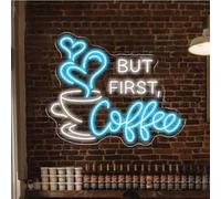 But First Coffee - Insegna al neon grande, 5 V, alimentata tramite USB, in acrilico, con interruttore dimmerabile e catena per appenderla, per caffè, bar, feste, soggiorno, regali, 35,6 x 28,7 cm (blu
