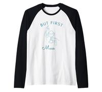 But First Mass Minimalist Line Art Design Bianco e Blu Maglia con Maniche Raglan