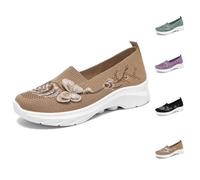 Butterfly Embroidered Orthopedic Shoes for Women Wide Width Slip On Walking Shoes Arch Support Breathable Mesh Sneakers Comfort Loafers Non Slip (Khaki,42)