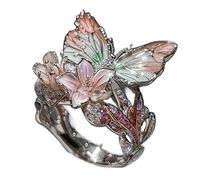 Butterfly Flower Ring,Enamel Butterfly Flower Ring,Size Can Be Changed at Will,Women's Fashion Shiny Flowers Butterflys Rings (Slivery-C)