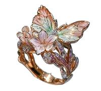 Butterfly Flower Ring,Enamel Butterfly Flower Ring,Size Can Be Changed at Will,Women's Fashion Shiny Flowers Butterflys Rings (Rose Gold-C)