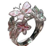 Butterfly Flower Ring,Enamel Butterfly Flower Ring,Size Can Be Changed at Will,Women's Fashion Shiny Flowers Butterflys Rings (Slivery-D)