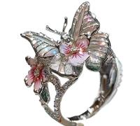 Butterfly Flower Ring,Enamel Butterfly Flower Ring,Size Can Be Changed at Will,Women's Fashion Shiny Flowers Butterflys Rings (Slivery-B)
