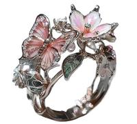 Butterfly Flower Ring,Enamel Butterfly Flower Ring,Size Can Be Changed at Will,Women's Fashion Shiny Flowers Butterflys Rings (Slivery-A)